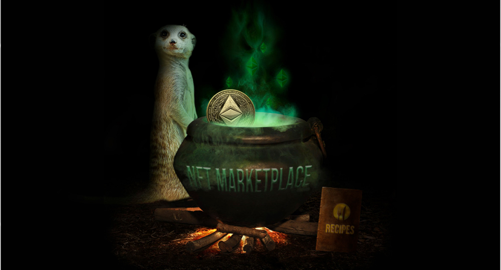 Meerkat standing next to a boiling cauldron labeled NFT marketplace and a recipe book beside it