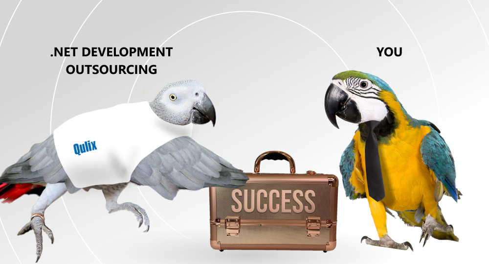 Parrot on the left is standing in T-shirt with Qulix logo, he pushes suitcase with his wing to parrot in tie on the right. Inscription next to the parrot on left is .Net Development Outsourcing, on right it says You, and inscription on suitcase is Success.