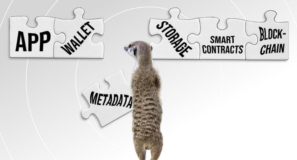 Puzzled meerkat standing next to puzzle with names of key elements of NFT marketplaces
