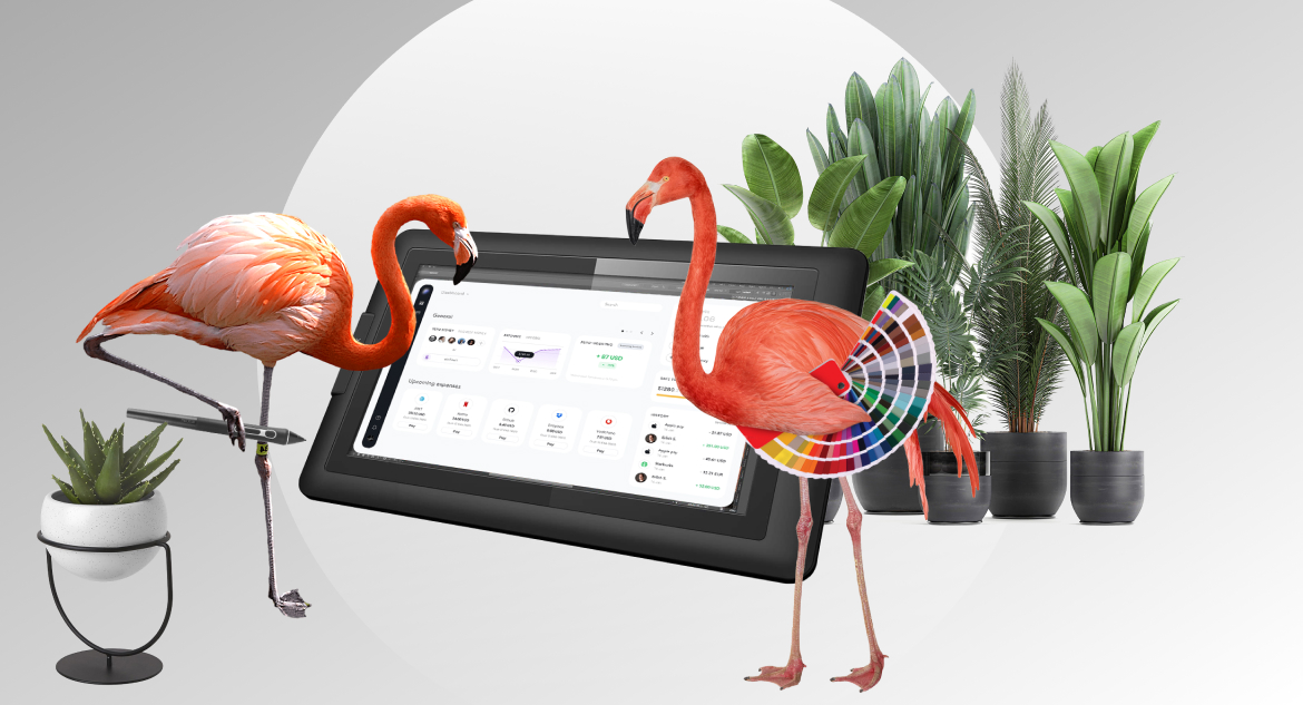 Two flamingo designers working on fintech UX UI web design for app, one with stylus and the other with color palette