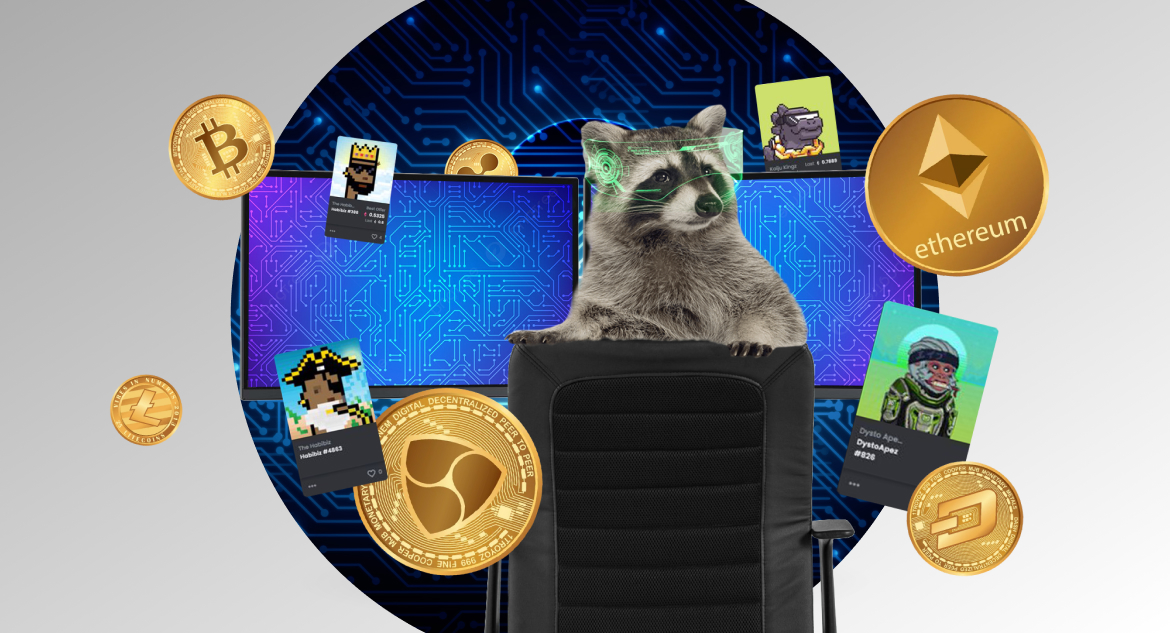 Raccoon developer stands in front of computer displays, cryptocurrencies, and NFTs flying around it, wondering how to hire NFT developer