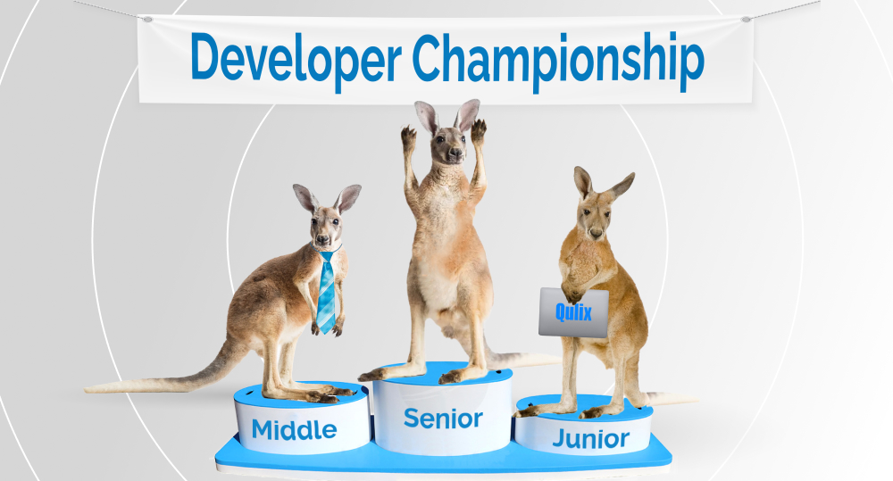 Three kangaroos participating in developer championship: junior, middle, and senior