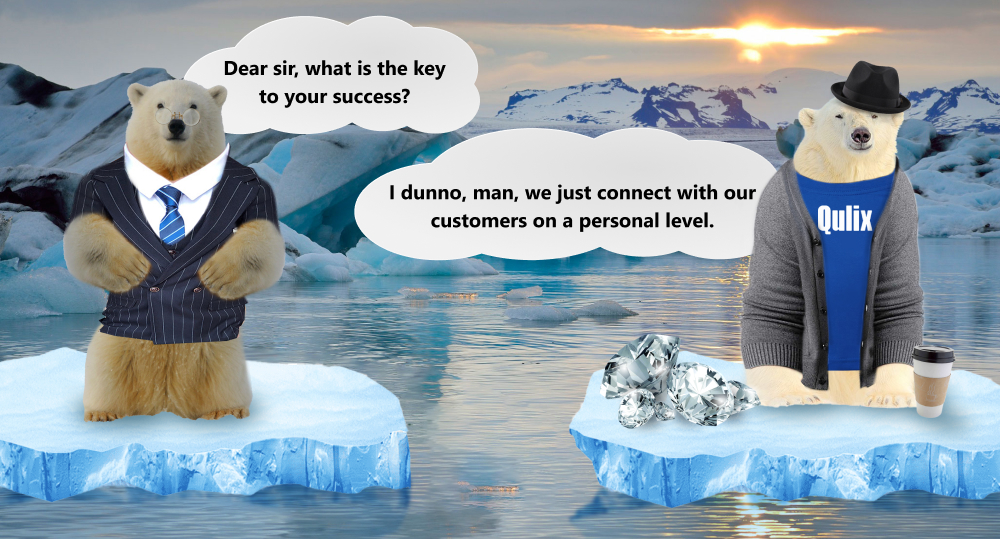 Polar bear that represents traditional banks talks about success with polar bear that represents neobanks.