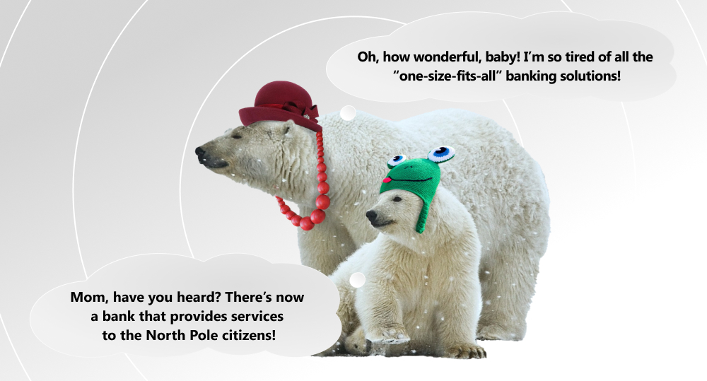 Mother polar bear and baby polar bear discuss neobanking services for citizens of North Pole.