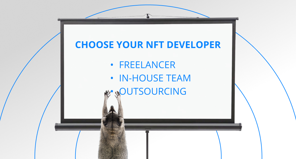 Raccoon standing near board with NFT recruitment types written on it