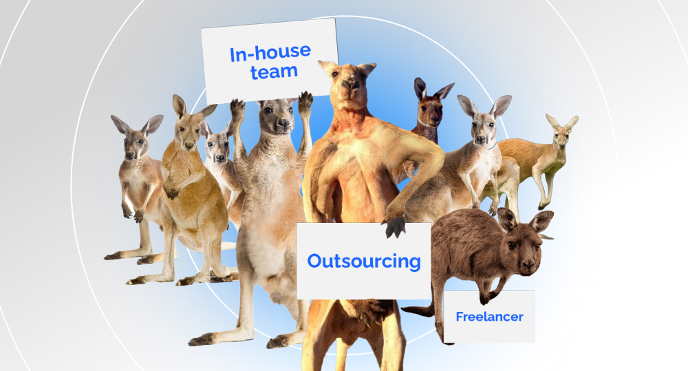Crowd of kangaroos standing, three of them holding signs saying freelancer, in-house team, outsourcing