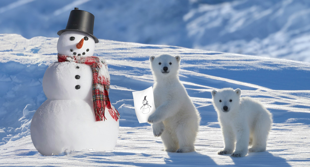 Two baby polar bears hold drawing of snowman and there’s actual snowman there with them, too.