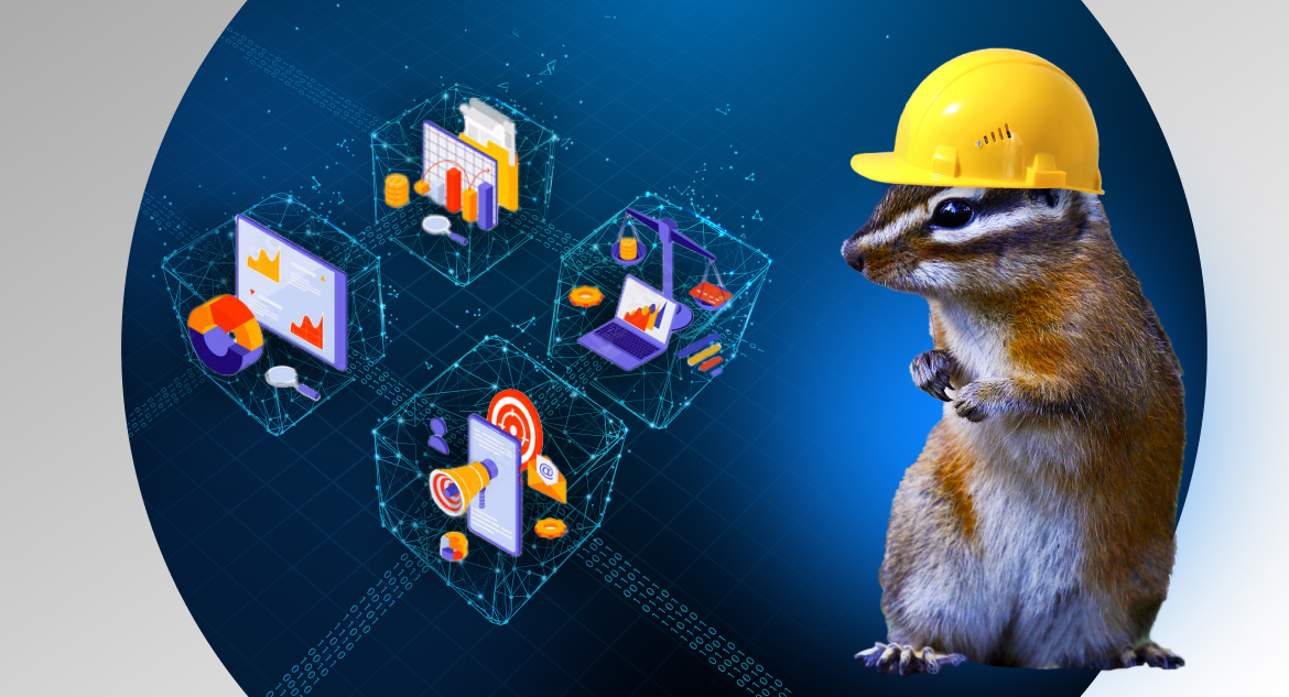 chipmunk with a hardhat looking over a blockchain setup that has crm icons on top of each of the four blocks