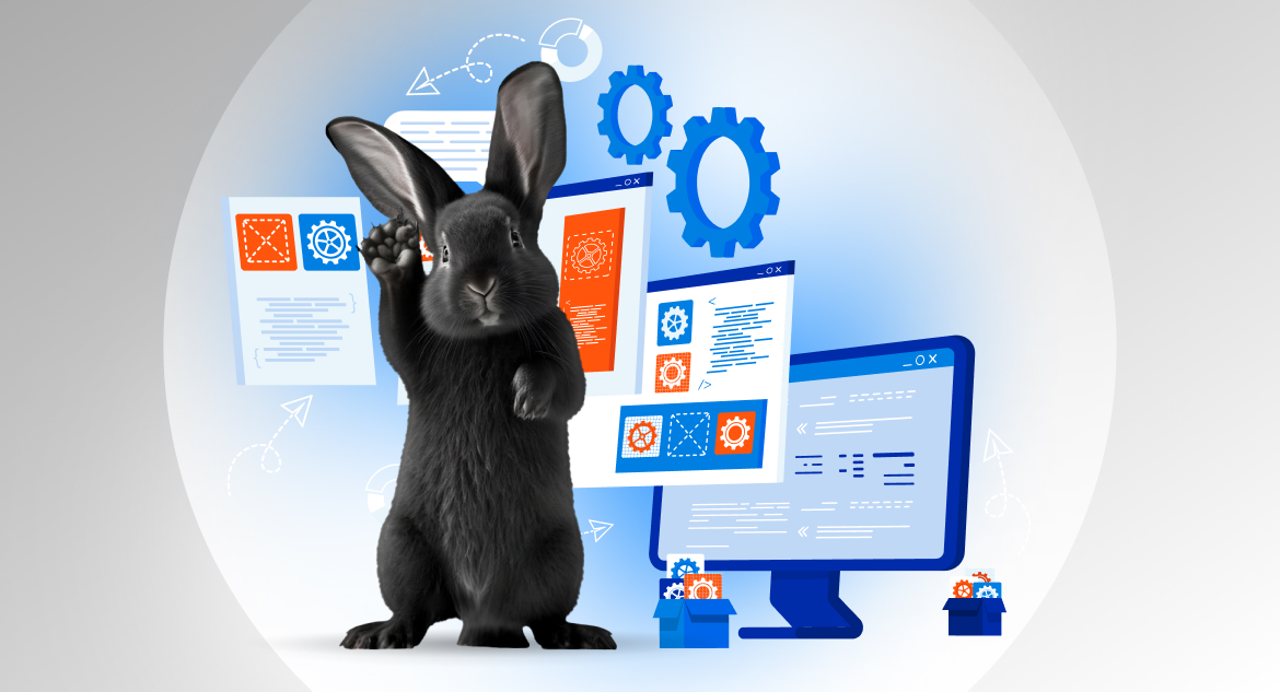 rabbit standing up with coded computer screens in the background and gears floating with a blue circle gradient background
