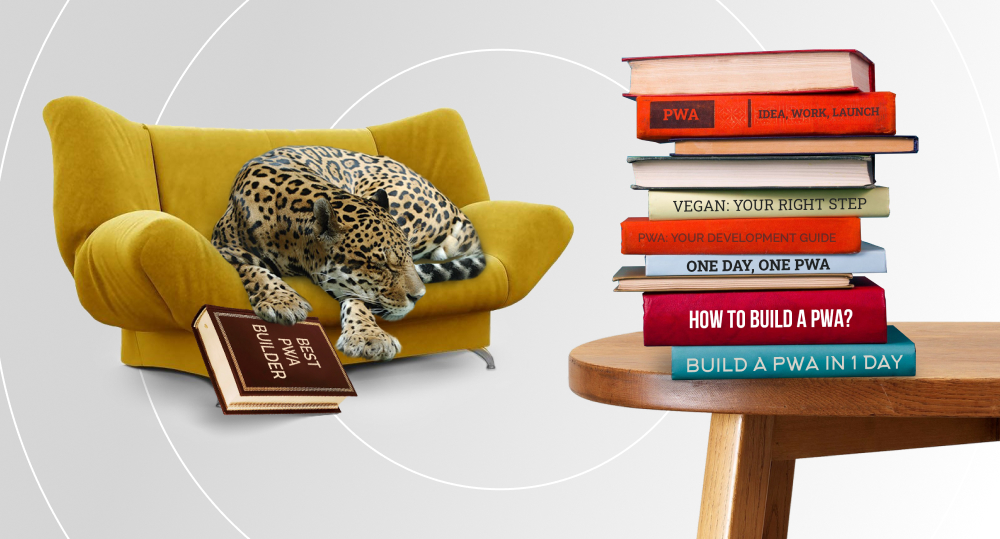 Cheetah sleeping in armchair with PWA development manual in its paw and bunch of other manuals on table