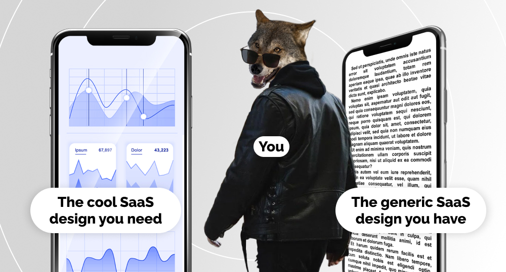 Wolf in jacket looks away from generic saas design because he wants to have cool saas design.
