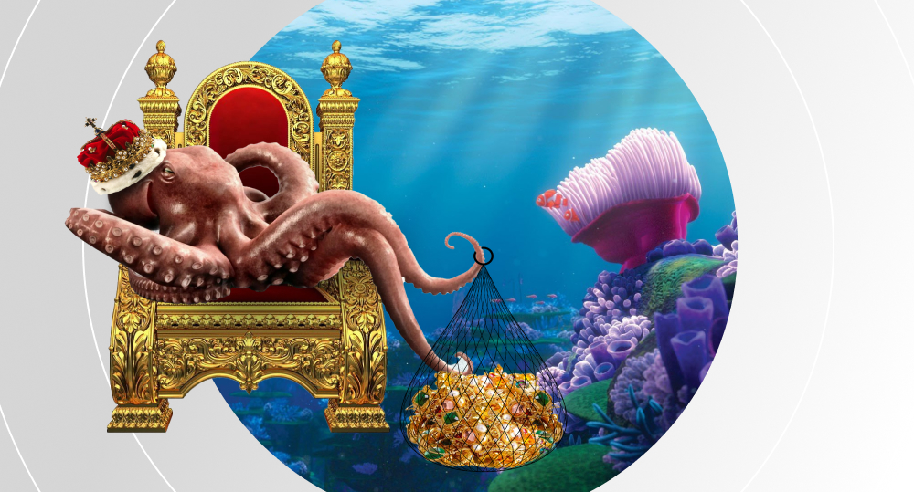Octopus sits on throne in ocean with net full of treasures.