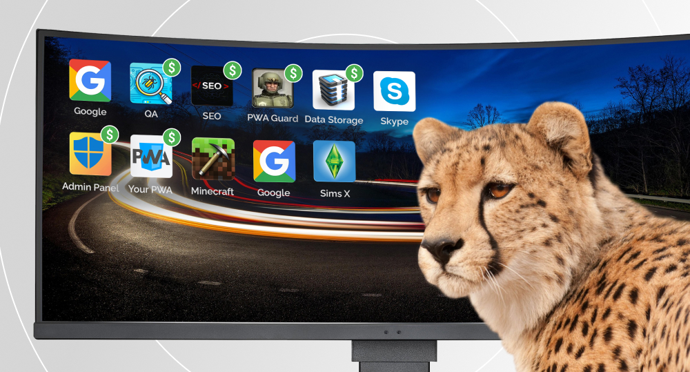 Sad cheetah standing near display with app icons and dollar signs on some of them