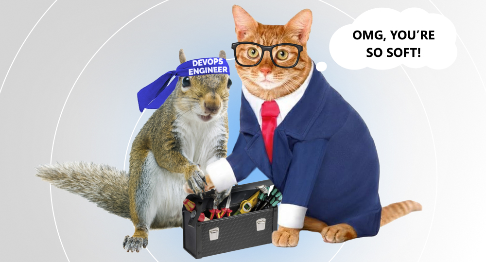 squirrel devops and cat in suit and glasses shake paws