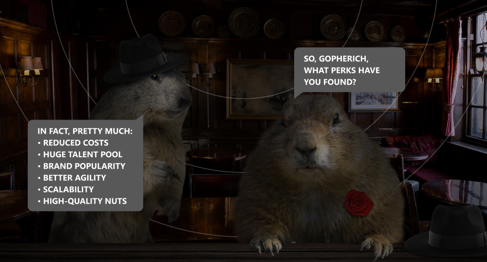 Mysterious meeting of Gopher Boss and Gopher Spy, in which they discuss pros of opening offshore development center
