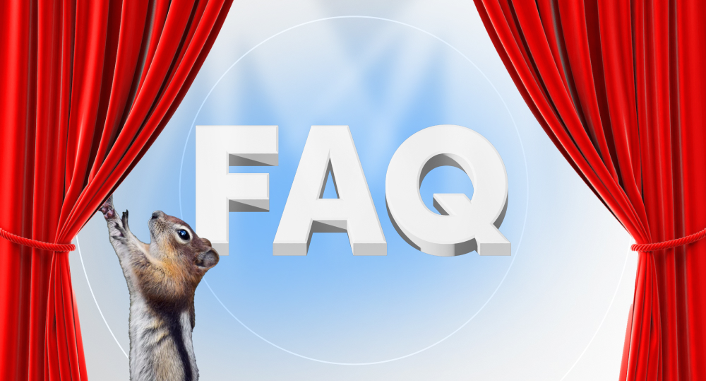 chipmunk pulling back a red stage curtain to reveal the word "FAQ"