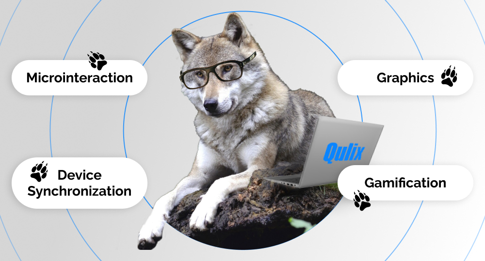 Smart wolf in glasses thinks about microinteraction, graphics, gamification, and device synchronization.