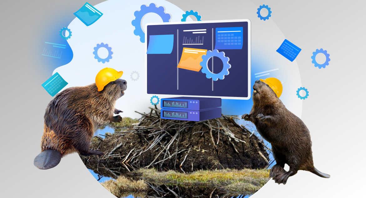 a dam with a computer, gears flying around and two beavers in construction hats knowing how to build enterprise software