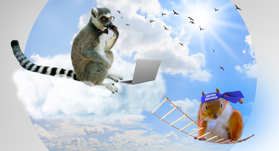 squirrel climb ladder to cloud where lemur in glasses sit with laptop and try to use devops for saas applications