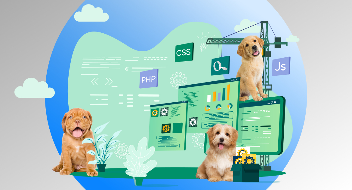 three puppies standing in front of a website being built to represent you should hire dedicated web developers