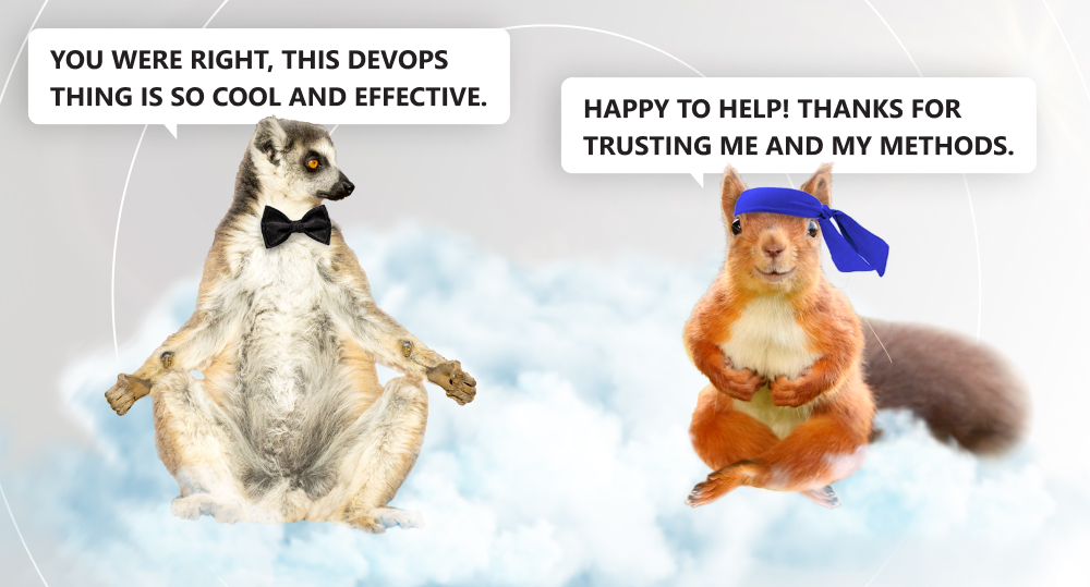lemur ans squirrel sitting on cloud and feeling happy about using devops for saas project