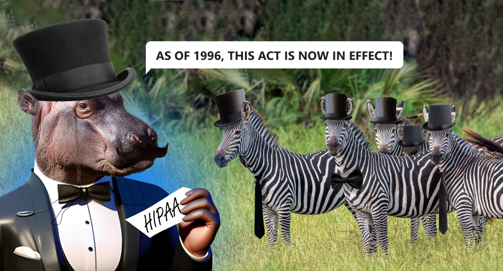 hippo in a suit, top hat and monocle holding paper and says "as of 1996, this act is now in effect" a group of zebras in top hats stand to his right in a field 