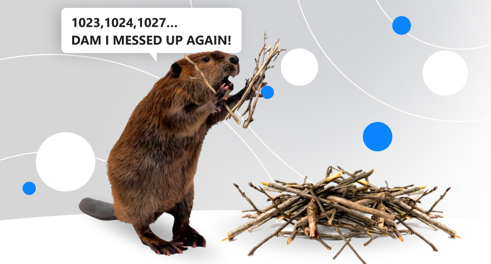a beaver counting sticks to make a pile saying "1023.1024.1027... Dam I messed up again!"