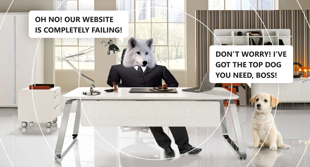 office setting with wolf boss sitting at desk saying "Oh no! Our website is completely failing!" and a puppy sitting beside him replies "Don't worry! I've got the top dog you need, boss!"