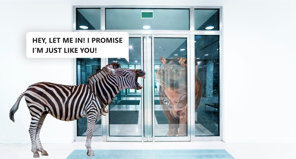 a zebra with a stethoscope yelling at a doctor hippo on the other side of a glass door. zebra is yelling "Hey, let me in! I promise I'm just like you!"