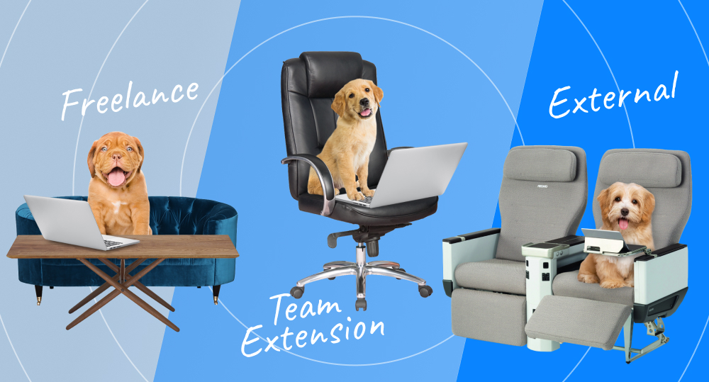 3 puppies. one is sitting on the couch with a laptop and is labelled "Freelance". second puppy is sitting in an office chair with a laptop and labelled "team extension". third puppy is sitting on an airplaine chair with a laptop and labelled "External"