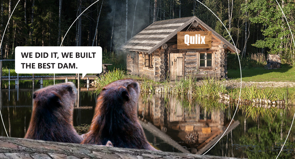 two beaver overlooking a log cabin house on the water saying "We did it, we built the best dam"