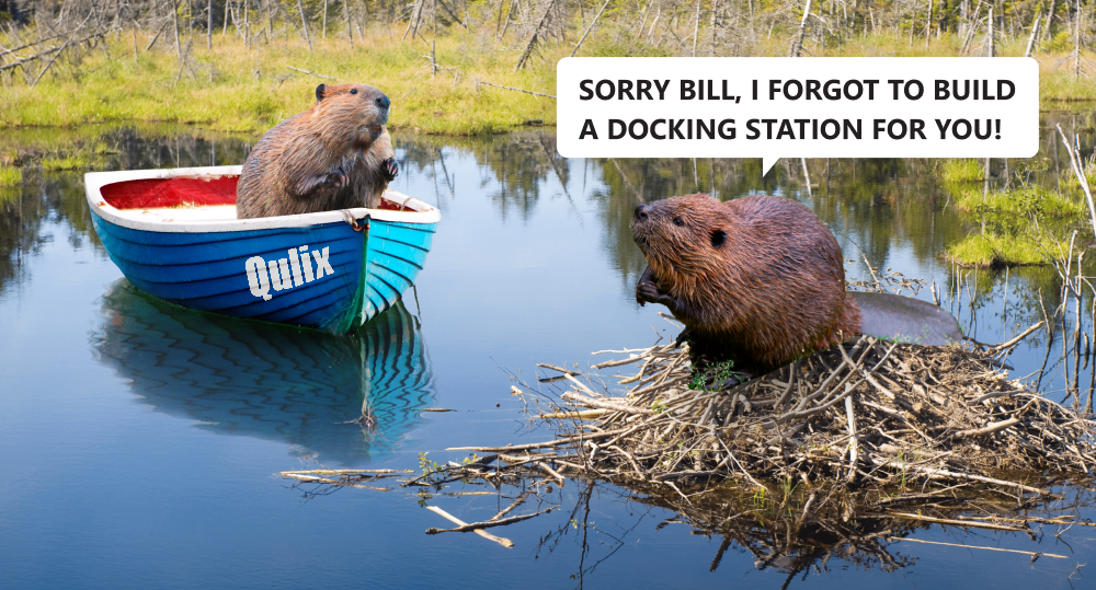 a beaver on a dam and a beaver in a row boat beside it. beaver on the dam says "Sorry Bill, I forgot to build a docking station for you!"