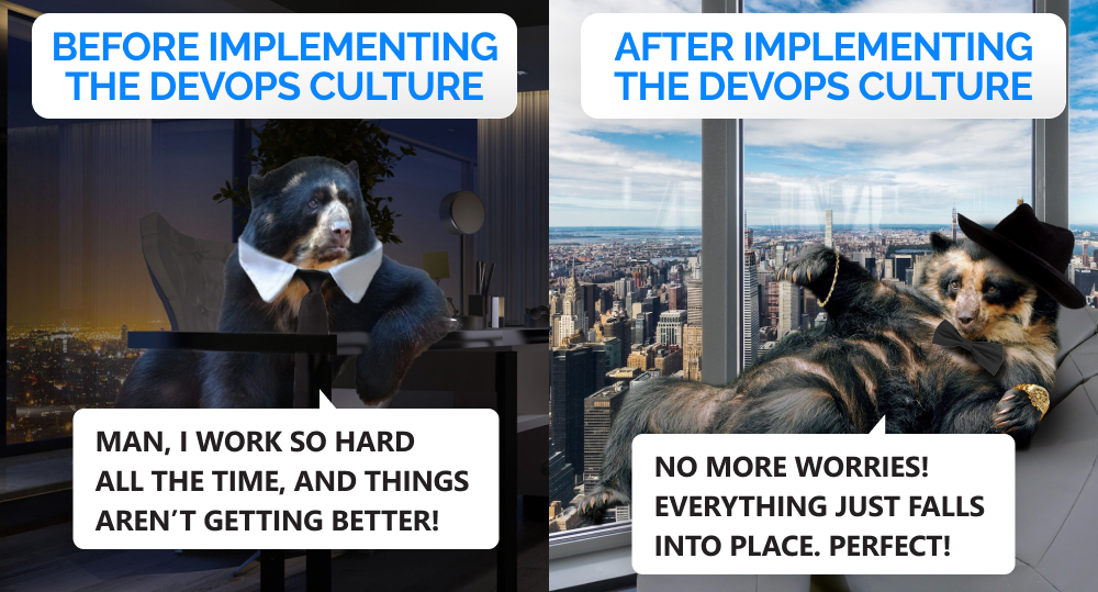 Meme about life before and after implementing DevOps culture with two bears in the picture. One bear is in tie and sad, another bear is chill and wears hat.