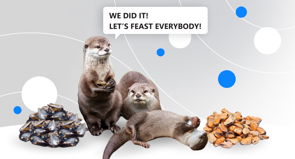 otters lounging around a pile of opened mussels and playing with rocks. one says, "we did it! let's feast everybody!"