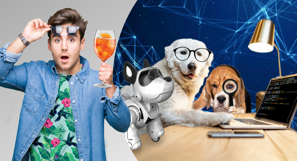 three dogs analyze software with ai testing tools while a man with aperole shpritz surprisingly look at them