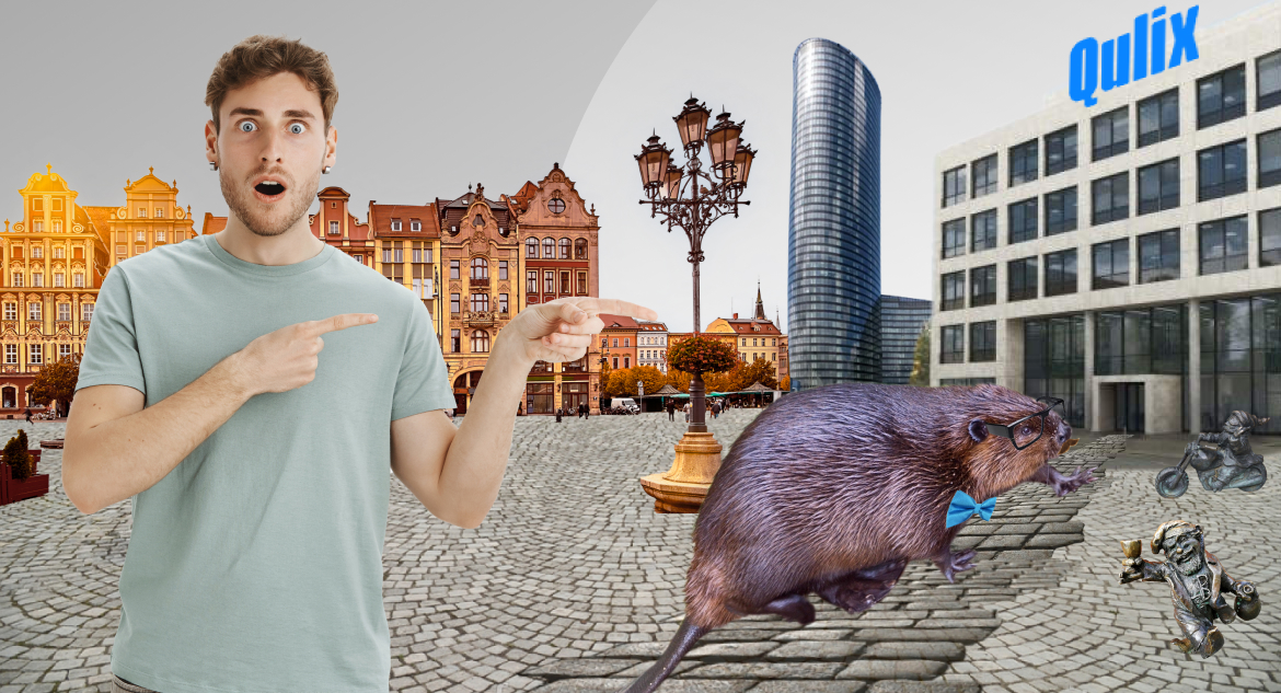 beaver in glasses entering office of saas product development company while man with curly hair in t-shirt surprisingly look and point finger at it