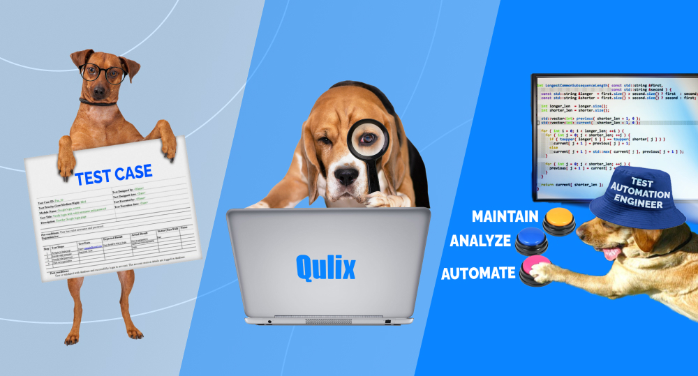 dog in glasses holding test case dog with magnifier look at laptop dog test automation engineer press buttons