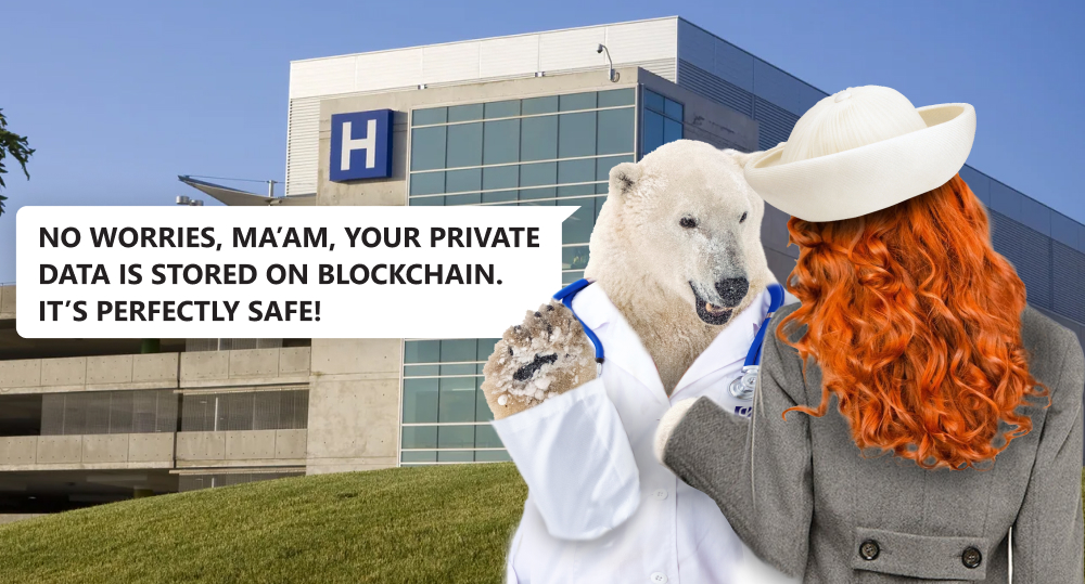 Two polar bears talk about blockchain in medical centers.