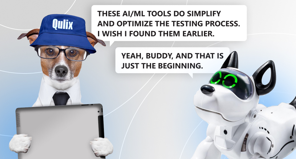 dog in blue panama hat holding tablet and talking to robo dog robot about ai ml automated software testing tools