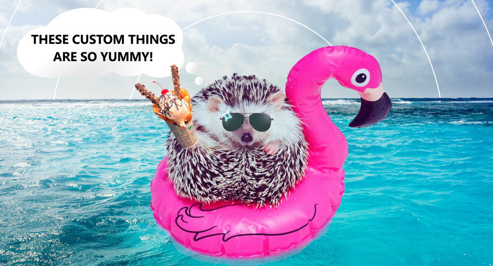 hedgehog in sunglasses sit in flamingo buoy hold ice cream and enjoy custom saas app