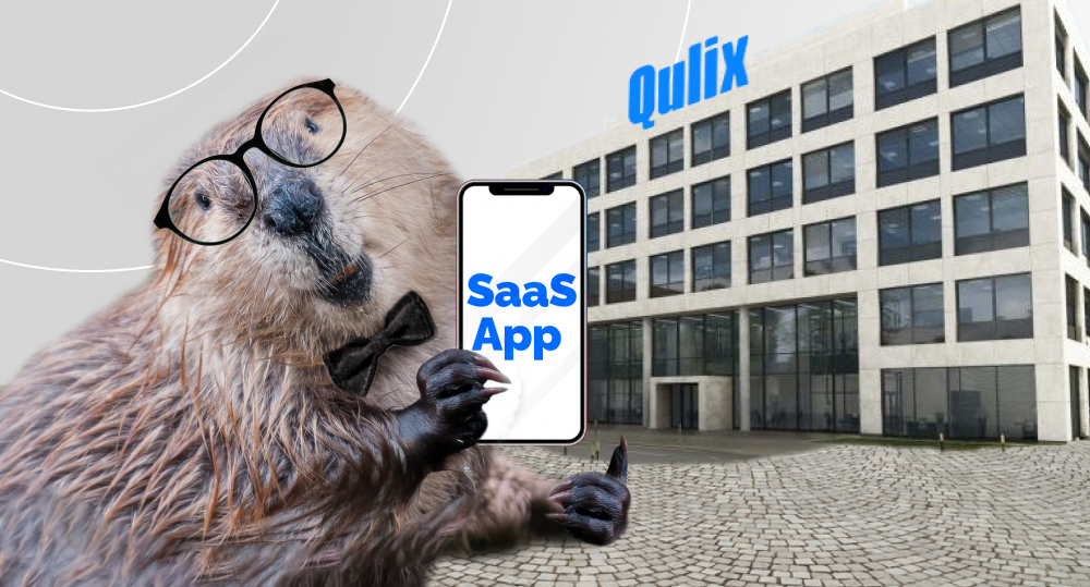 beaver in glasses stand near office building, hold smartphone and enjoy saas application