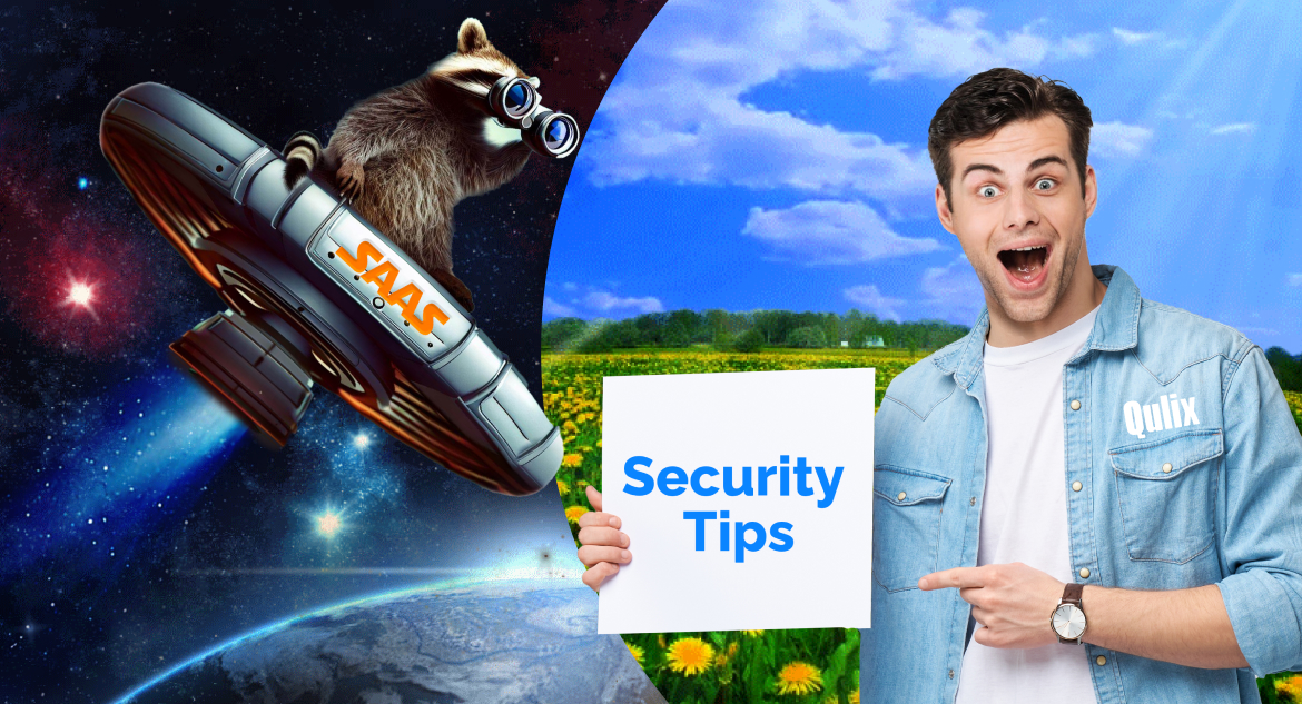 raccoon in flying saucer explore space and look through binoculars at dark-headed man in white t-shirt and blue shirt staying in dandelion field and holding saas security checklist