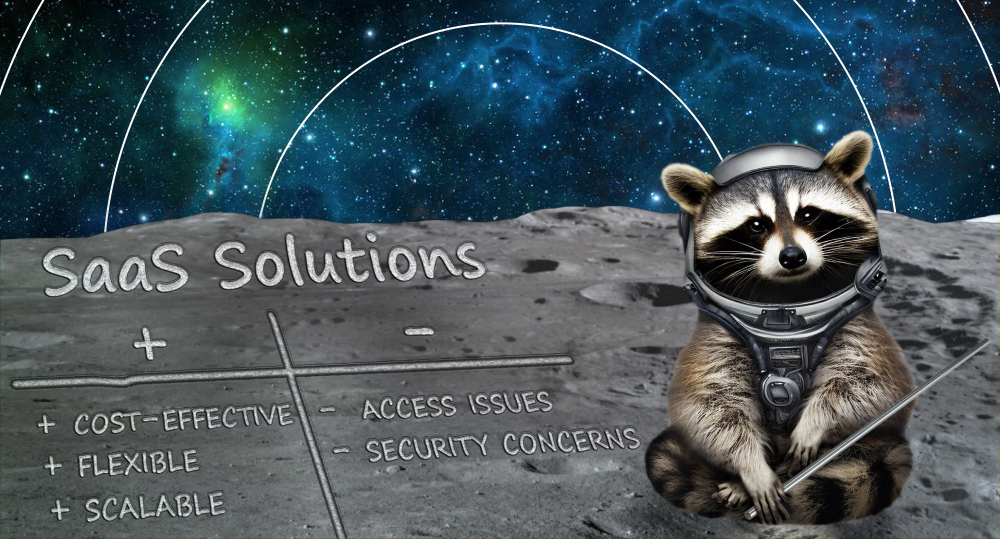 raccoon in space suit sit on moon and study pros and cons of saas solutions