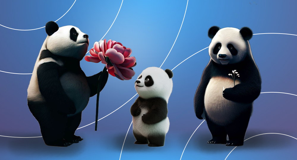 Pandas give flowers to each other.