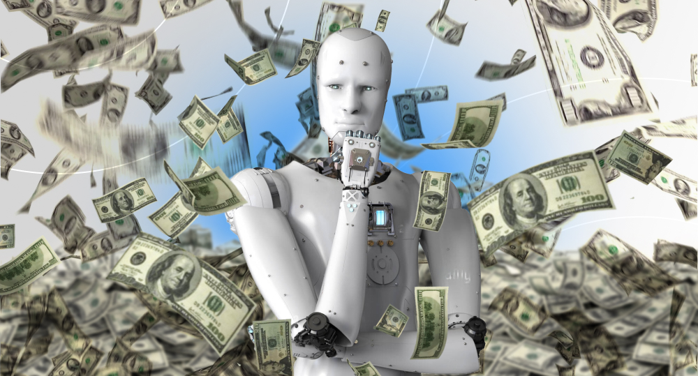 The robot stands surrounded by dollars