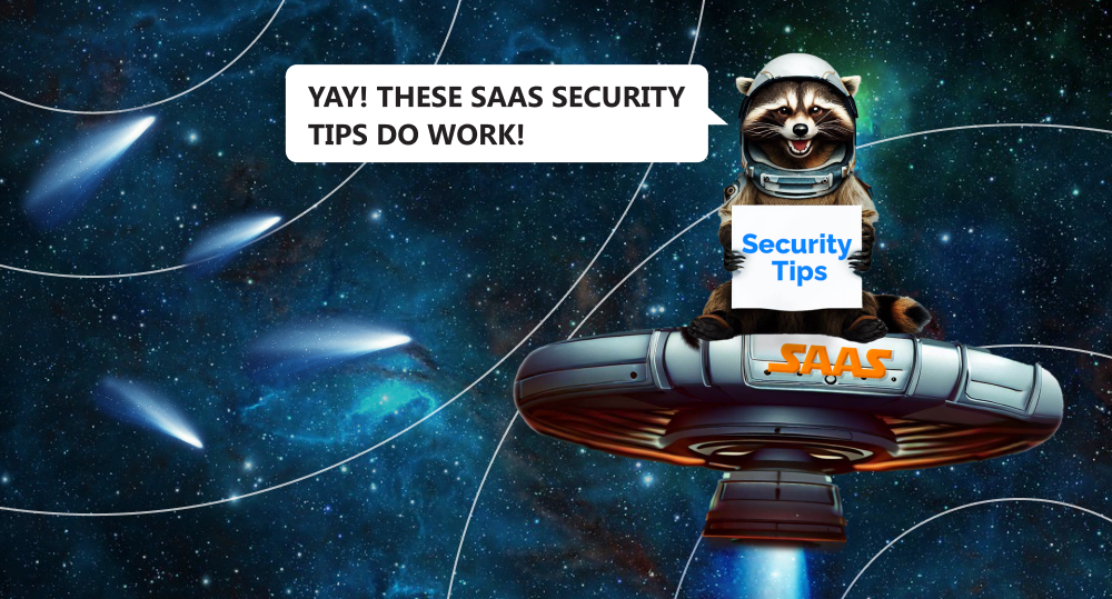 happy raccon sit in space in flying saucer and hold saas security checklist