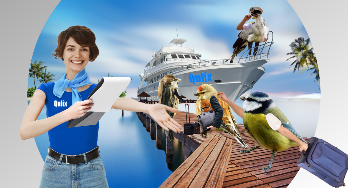 different birds go aboard ship while woman greet them and manage process with software developer onboarding checklist