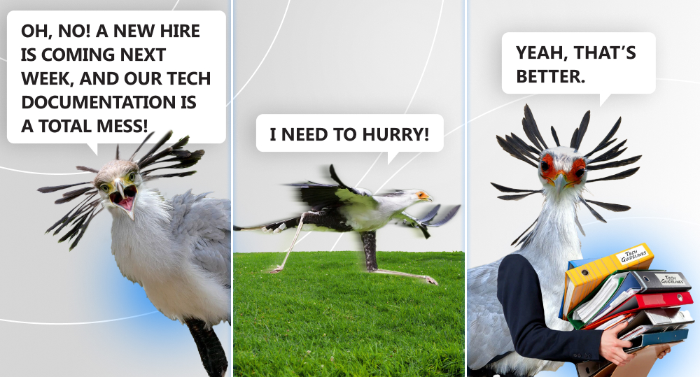 secretary bird feel alarm and run scared about onboarding technical documentation for software developer
