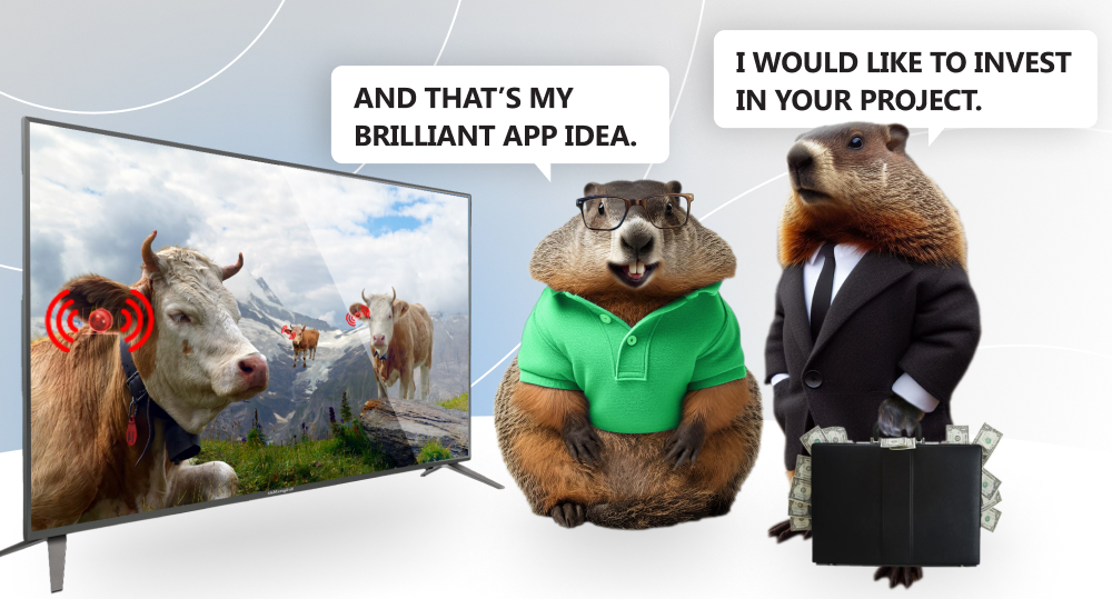 marmot in green t shirt and glasses stand near screen with cows grazing in alpine meadows and explain startup app development idea to marmot in suit