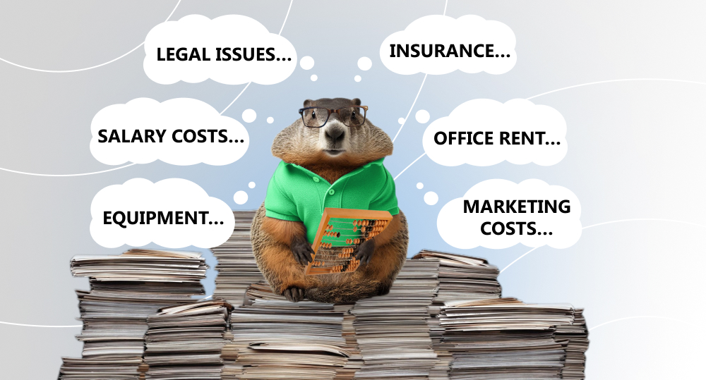 marmot in glasses and green tshirt sit on pile of documents and calculate startup costs with abacus